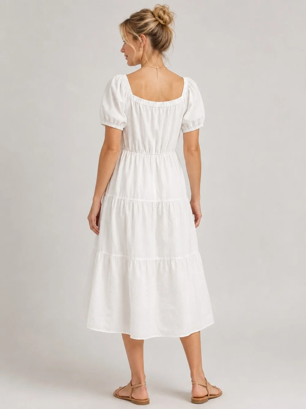 New York & Company White Tiered, Puff Sleeve Midi Dress Cottagecore Boho Coastal - Picture 2 of 8